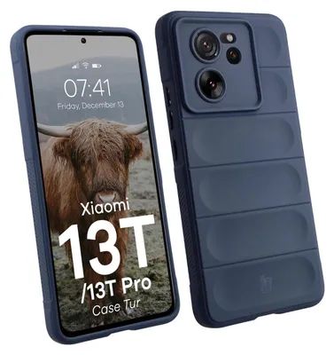 A smartphone with a navy blue case is shown from the front and back.