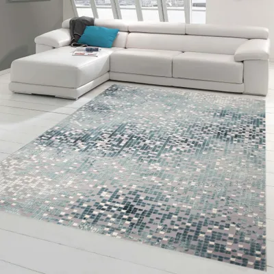 Obrázek produktu pro Designový koberec Moderní koberec Koberec do obývacího pokoje Krátký vlasový koberec s obrysovým střihem Kostkovaný v šedé tyrkysové barvě Velikost - 80 x 150 cm