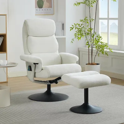 Image de Sweiko 023 Fauteuil de relaxation avec fonction de couchage et massage 5 points, fauteuil TV avec fonction de chauffage électrique et pouf, pivotant à 360°, tissu chenille blanc