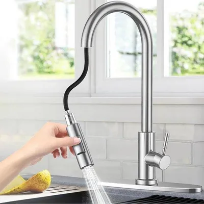 Immagine prodotto di Miscelatore da cucina Unyqoos® con doccetta estraibile (60 cm), design ad arco alto, girevole a 360°, 2 tipi di getto, finitura in nichel spazzolato e acciaio inossidabile SUS304, doccetta in ABS resistente al calore