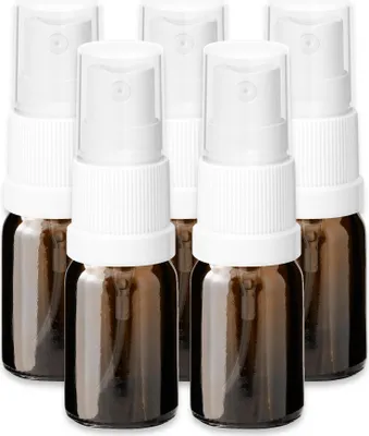 Produktbild von 5x Glasflasche braun 5 ml mit weißem Zerstäuber Sprükopf Pumpspray Set