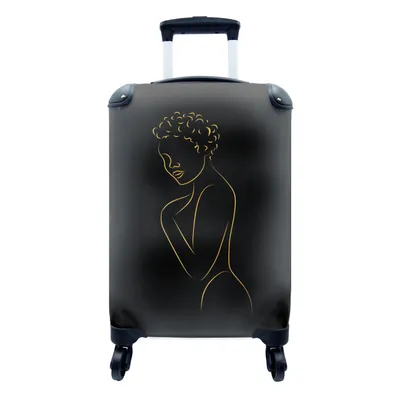 Produktbild von MuchoWow® Koffer Handgepäck Trolley Rollkoffer Kleine Reisekoffer mit 4 Rollen - Frau - Schwarz - Gold - Strichzeichnung - Cabin Size < 55x40x23 cm & 55x40x20 cm - Fotokoffer - Kabinenkoffer - Boardgepäck - Reise-Box - Reisekoffer - Reisegepäck - Koffer mit Bild - Trolley für Kinder