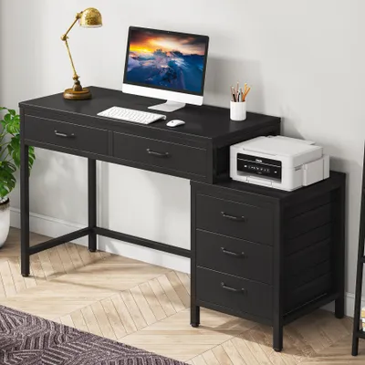 Image de Bureau, bureau d'ordinateur avec 5 tiroirs, table de travail pour PC industriel, avec espace de rangement et support pour imprimante, pour les petites pièces, noir