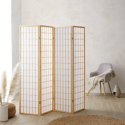 Produktbild von Homestyle4u Paravent Raumteiler 4 teilig Trennwand Holz Natur Reispapier Weiß Höhe 175 cm Indoor