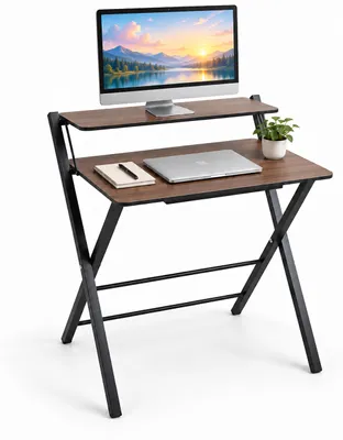 Produktbild von Relaxdays Schreibtisch, Monitoraufsatz, klappbar, HxBxT: 82 x 70 x 56 cm, MDF, Metall, Klappschreibtisch, braun/schwarz, KI-generiertes Bild