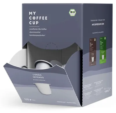 Zdjęcie produktu dla MY COFFEE CUP 101097 MY COFFEE CUP LUNGO INTENSO Ekologiczne kapsułki z kawą, ziarna arabiki i robusty, 100 sztuk