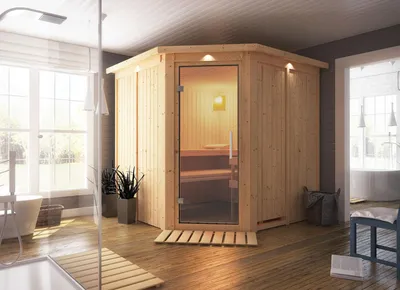 Produktbild von Karibu Sauna Innensauna Jarin Eckeinstieg Ofen 9 kW integr. Strg 210x210x202 cm mit Dachkranz mit Klarglastür