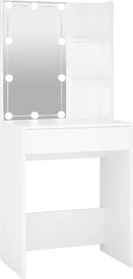 A white vanity table with a lighted mirror and shelves.