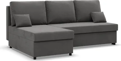 A gray sectional sofa with a chaise lounge is shown against a white background.