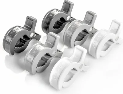Produktbild von Zamboo Universal Kinderwagen Klammern 6 Stück - Haken/Clips zur Befestigung von Spielzeug, Spucktüchern und Kleidung an Buggy, Kinderwagen oder Babyschale - Grau Weiß