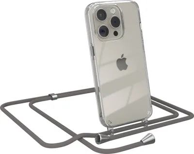 Produktbild von EAZY CASE Handykette kompatibel mit Apple iPhone 15 Pro, Handyhülle mit Umhängeband, Handykordel, Schutzhülle Clear, Band in Grau