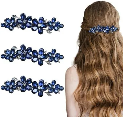 Produktbild von 3 blaue Haarspangen mit Blumenmotiv und Strasssteinen, große automatische Haarspangen für feines und dickes Haar, französischer Vintage-Stil für Damen und Mädchen