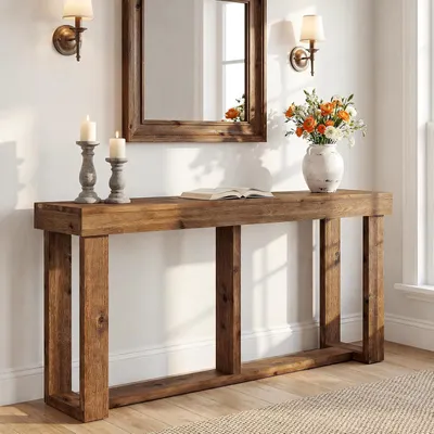 Produktbild von Tribesigns 160 cm Langer Konsolentisch aus Massivholz, Landhaus-Eingangstisch mit Stauraum, schmaler Konsolentisch für Flur, Eingangsbereich, Braun