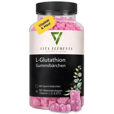 Vita Elements L-Glutathion Gummibärchen mit Meereskollagen, Vitamin C, E und B12 für Vitalität
