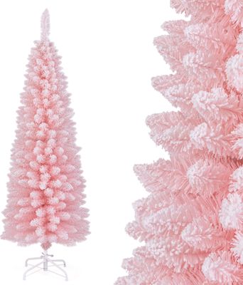 COSTWAY 150cm Künstlicher Weihnachtsbaum mit Schnee, Tannenbaum Bleistift mit 328 Zweigspitzen & klappbarem Metallständer, schlanker Kunstbaum Rosa