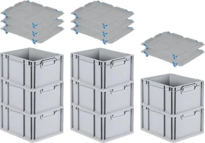 Produktbild von SuperSparSet 8x Eurobox NextGen Economy mit Auflagedeckel und 4x Schiebeschnappverschlüsse Blau | Griffe geschlossen | HxBxT 22x30x40cm | 20 Liter | Eurobehälter, Transportbox, Transportbehälter, Stapelbehälter