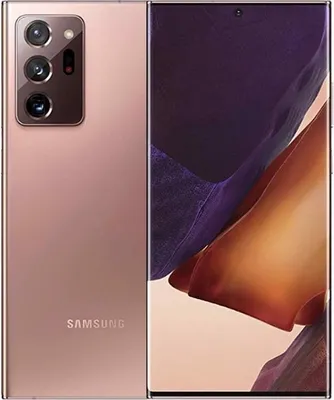 A close-up, angled view of the back and side of a bronze Samsung Galaxy Note 20 Ultra 5G smartphone, showing its camera array and part of its screen.