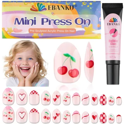 Image de Ongles artificiels pour enfants, 24 pièces, motif cerises, modèles courts, en plastique ABS, 12 tailles différentes