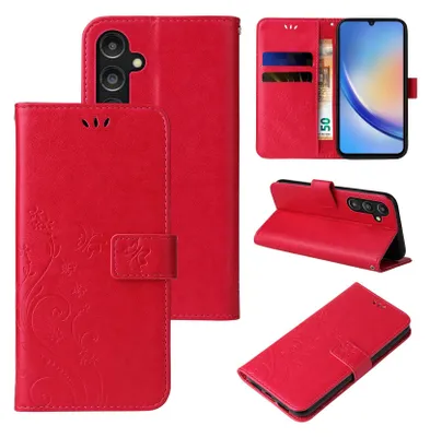 A collage of images showing a red flip phone case with floral and butterfly designs, and a phone inside.