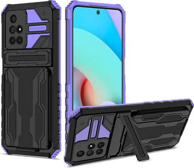 Produktbild von Redmi 10 Hülle, Hybrid Robust Schutz Stoßfest Schutzhülle mit Kartenhalter Ständer für Xiaomi Redmi 10 Lila