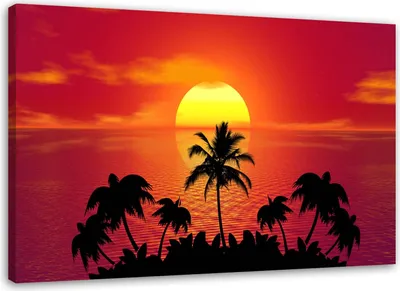 Produktbild von Leinwandbild sonnenuntergang und palmen 100x70 cm Feeby rosa wandbild bereit zum aufhängen