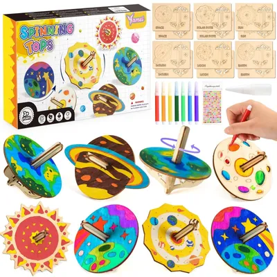 Produktbild von Holzkreisel Bastelset Kreiselset - 12 Stück - Für Kinder - Mit Aquarellstiften - Für Kinder von 4 bis 9 Jahren