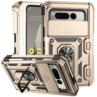 Immagine prodotto di Custodia per Google Pixel Fold a doppio strato con copertura scorrevole della fotocamera e supporto ad anello Oro