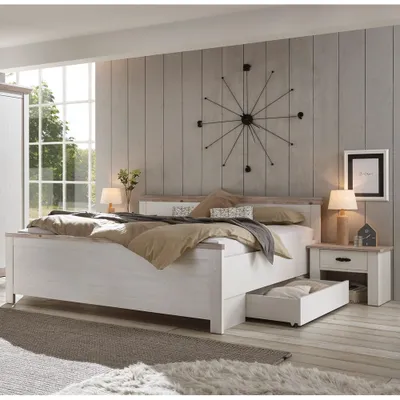 Produktbild von Schlafzimmer Kombi FERNA-61 in Pinie weiß Nb. mit Pinie dunkel Nb. im Landhaus Design, B/H/T: ca. 331/86/208 cm