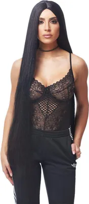 Produktbild von Extra lange schwarze Perücke Kim für Halloween & Faschings Kostüme