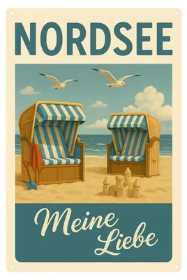 Produktbild von Blechschild 20x30cm Nordsee Meine Liebe Strandkorb Küstenmotiv Metallschild Maritime Wanddeko Strandhaus Urlaub AstraDesign