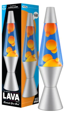 Produktbild von LAVA® - Lampe 2117, orangenes Wachs, blaue Flüssigkeit, silberner Sockel und Dec