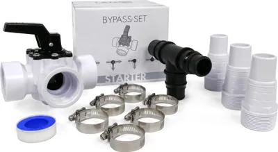 A set of plumbing components for a bypass system, including a valve, connectors, and clamps, laid out on a white background.