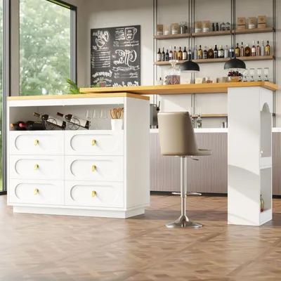 Obrázok produktu pre Výsuvný barový stôl s úložným priestorom, 360° otočný, LED osvetlenie, zásuvky, rozmer 138-203 x 39 x 90 cm, biela farba