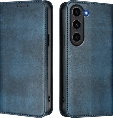 A blue leather flip case for a Samsung Galaxy S23 FE phone is shown from two angles.