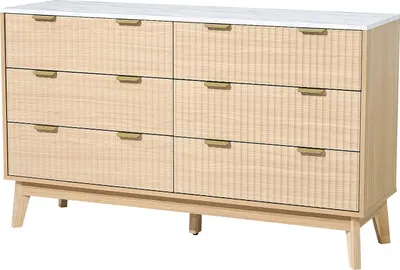 Image de SucceBuy Commode à 6 tiroirs & anti-basculement, armoire moderne minimaliste (399 x 1372 x 813 mm) pour le salon, la chambre à coucher et l'entrée (bois clair)