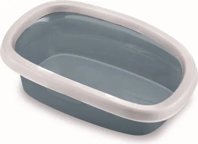 A close-up, slightly angled view of a gray and white cat litter box against a white background.