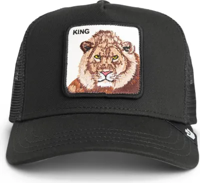 A black trucker hat with a patch of a lion's face and the word "KING" above it.