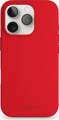 A red phone case is shown from the back.