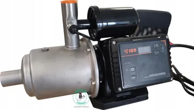 A stainless steel water pump with a black motor and control panel, shown against a white background.