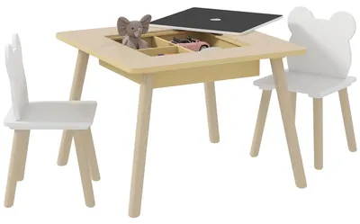 Image de Ensemble table et chaises pour enfants, plateau noir amovible, rangement élégant, bois naturel et blanc