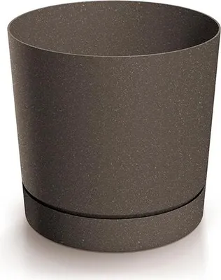 A dark brown planter pot with a matching saucer, shown in a studio setting against a white background.