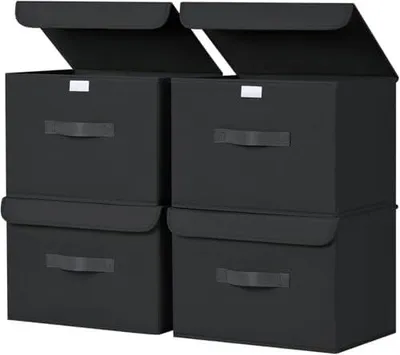 Produktbild von Homsorout Aufbewahrungsboxen mit Deckel, 38x25x25cm, Schwarz, 4er Set | Aufbewahrungskorb Stoff Faltbare, Ordnungsboxen Kleiderschrank Organizer, Für Kleidung, Schrank, Würfelregal, Socken
