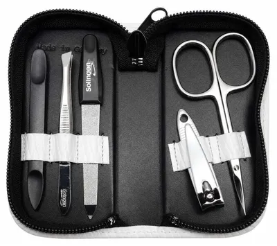 Produktbild von Maniküre Set 5-teilig mit Solingen Instrumenten, Echtleder-Etui Germany, Nagelpflege Set für Damen & Herren, Nagel- und Hautschere, Pinzette, Saphirnagelfeile Weiß