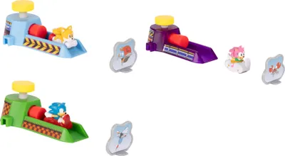 Three different Sonic the Hedgehog themed mini launcher toys with characters.