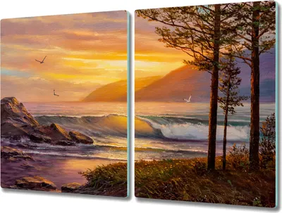 Produktbild von Coloray Hackbrett Küchenbrett Kochplattenabdeckung Schneidebrett Herdabdeckplatte 2x40x52 cm - Bäume Wellen Sonnenuntergang