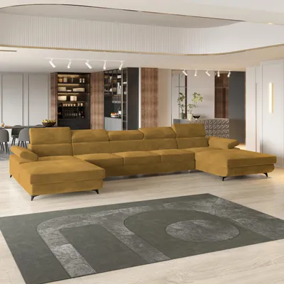 Produktbild von Masseno Ecksofa VIVENTE mit Schlaffunktion U-Form, Sofa mit Bettkasten, Wohnzimmersofa, Couch, Soffa, Bettsofa, Couchgarnitur- Gelb, MONOLITH 48