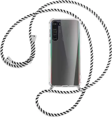 Produktbild von Handykette Backcover-Schutzhülle mit Band (Metall silberfarben) für Motorola Edge - schwarz/weiß gestreift