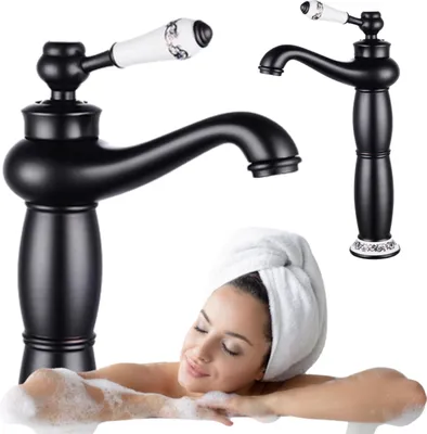 A collage featuring two black faucets with decorative ceramic handles and a woman relaxing in a bathtub.