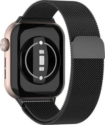 The back of a smartwatch with a black Milanese loop band.