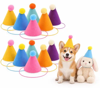 Productafbeelding van Mini feestmutsen voor knuffeldieren - Met pompons - 12 stuks - In verschillende kleuren